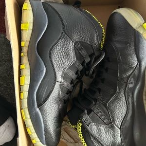 Air Jordan Retro 10, Black and venom green. Slightly worn